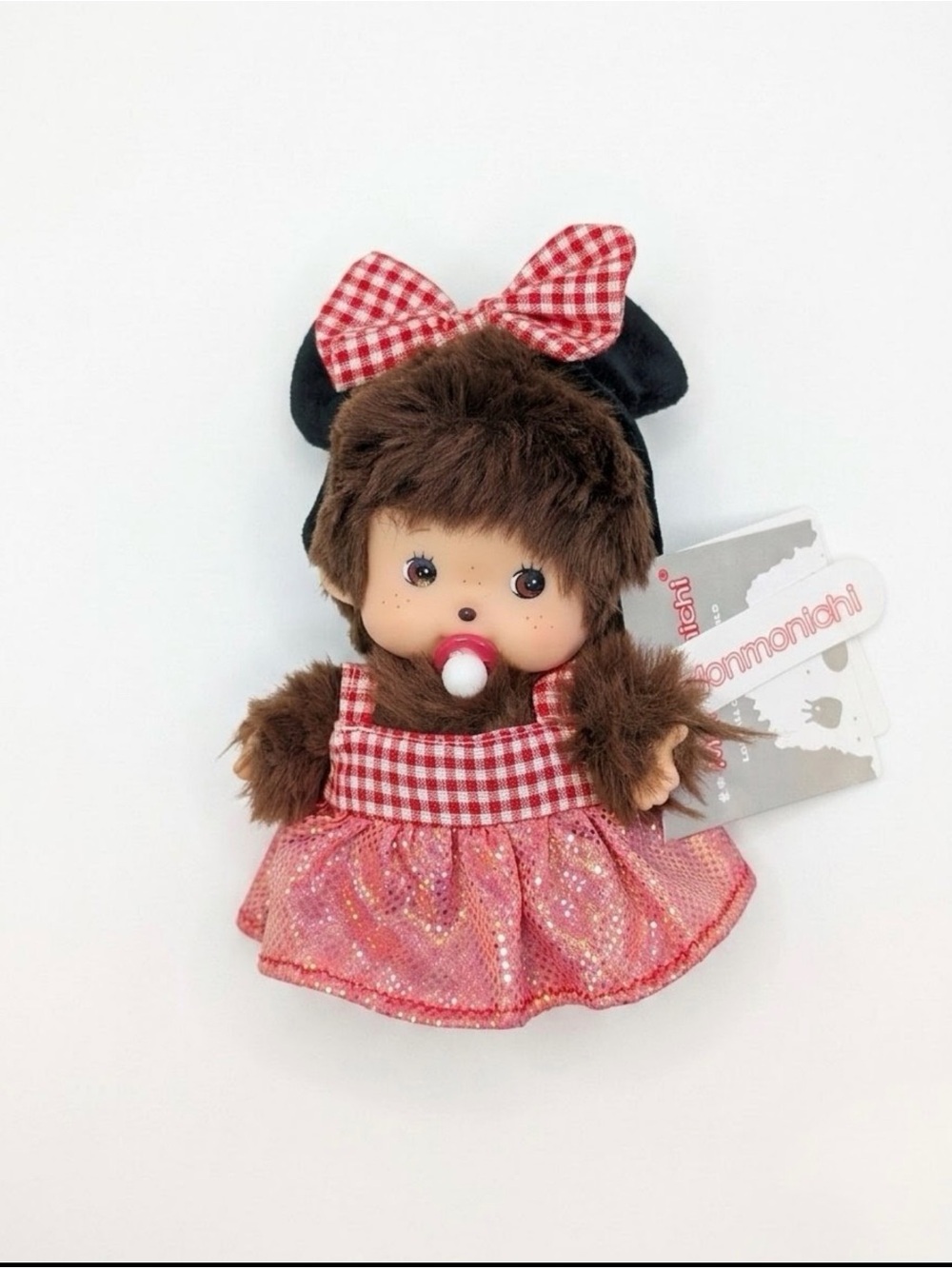 Monchhichi Plush Doll in Red Gingham Dress with Bow